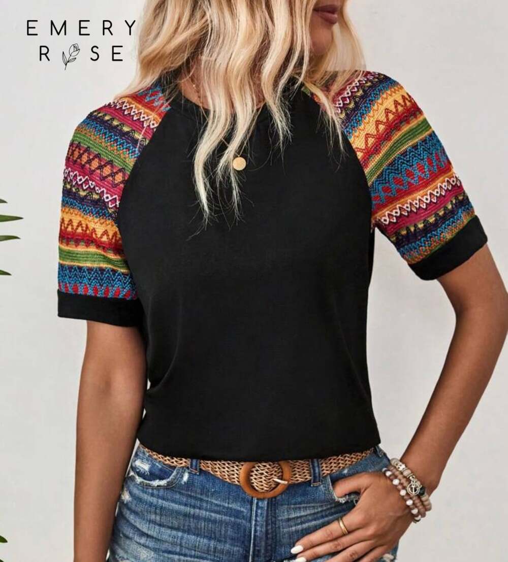 Geometric Pattern Color Block Short Sleeve Summer T-Shirt